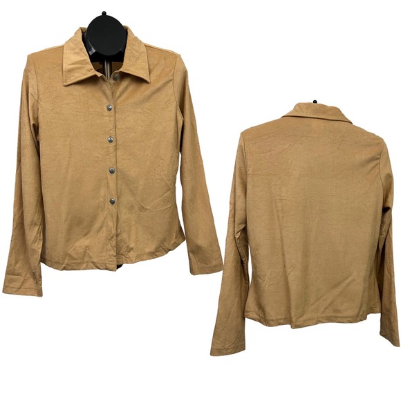 1990s NWT Jordache Tan Faux Suede Button Up Blouse Shirt / Women’s XL - Picture 3 of 5